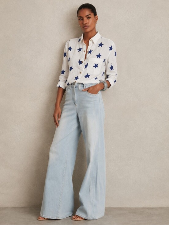 Escada Tops - Escada Silk Star Print Button-Up Blouse White Blue S